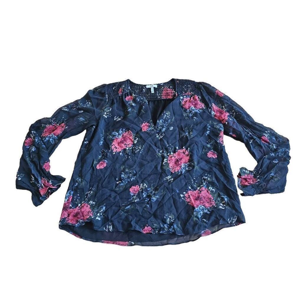 Joie womens Sz S black multicolor floral 100% silk V neck blouse